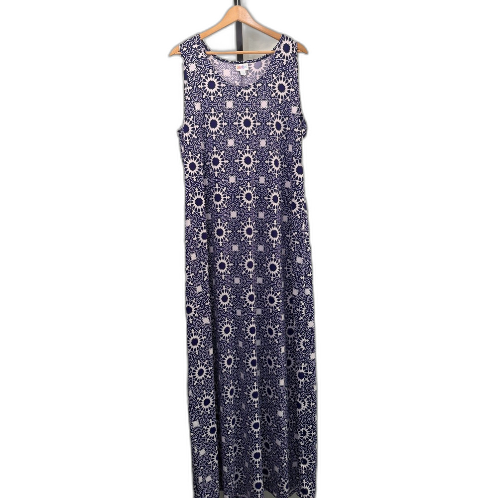 LuLaRoe Dani Maxi Dress 2XL NWT Blue White Geometric Sleeveless Stretch Plus